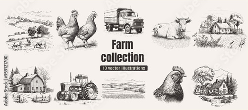 Rural meadow or countryside farm set. A village landscape with cows, goats and lamb, hills and a farm.