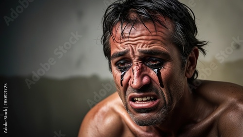 A man with tears streaming down his face and red eyes expresses deep sorrow against a soft, blurred background in a dimly lit setting