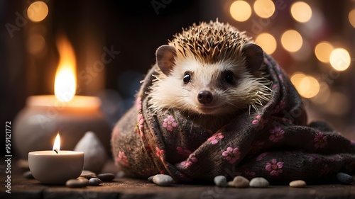 A tiny hedgehog wrapped snugly in a miniature blanket photo