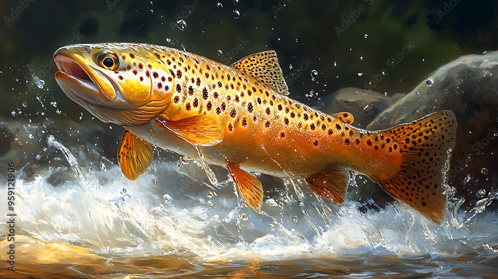 A brown trout leaps out of the water, its body glistening in the sunlight. A brown trout leaps out of the water, its body glistening in the sunlight.