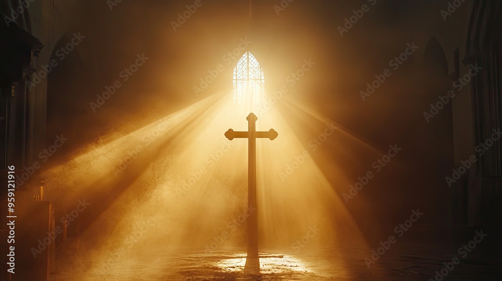 Naklejka premium A cross standing in the rays of the sun, representing faith and spiritual awakening in a religious context.