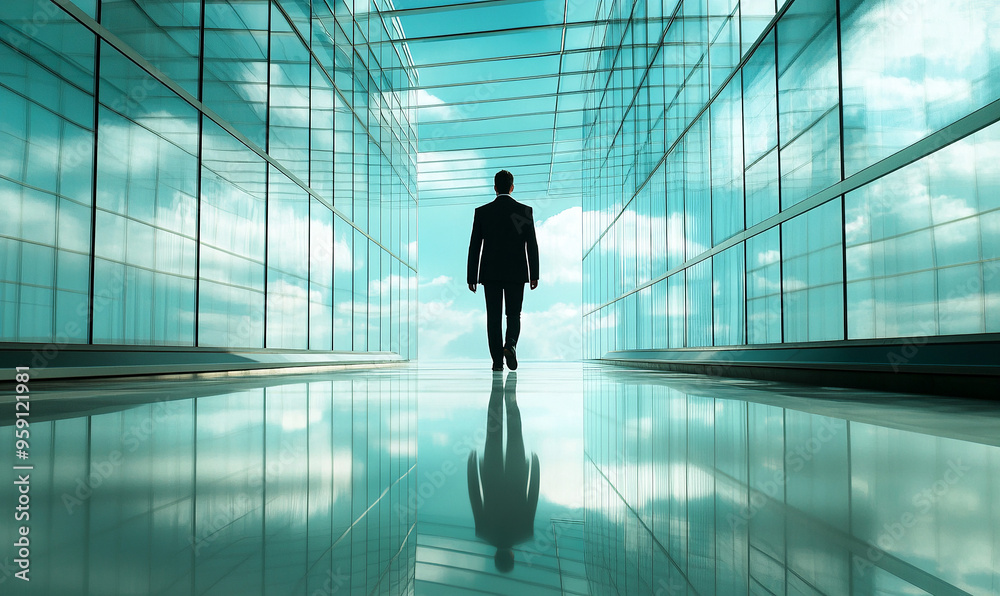 A businessman walking in the corridor of a glass building, backlit A businessman walking in the corridor of a glass building, backlit
