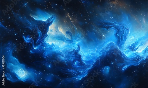 Abstract Cosmic Nebula with Blue and White Swirls and Stars