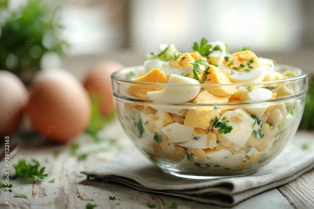 olivier salad in a glass bowl, topped with sliced eggs, placed on a wooden rustic table with a napkin, christmas holiday food, close-up photography