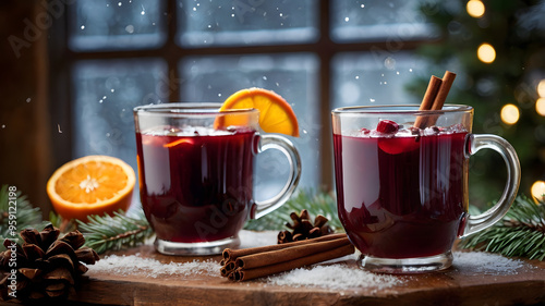cozy winter beverages with festive decorations. mulled wine, hot chocolate and seasonal drinks