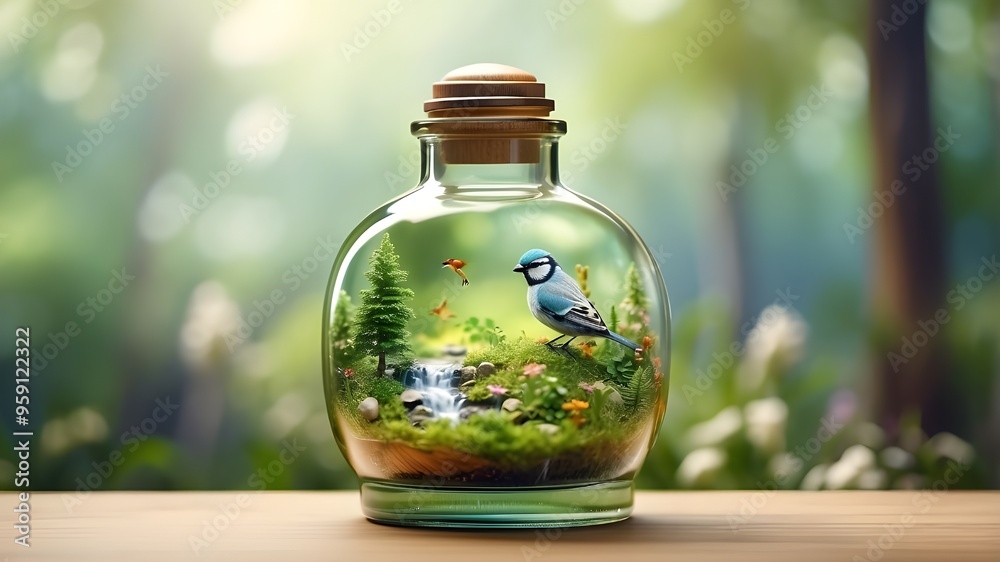 Imagine a glass bottle filled with a miniature landscape, complete with a charming bird that will steal your heart. The forest in the background is rendered in stunning 3D effect, with a natural color Imagine a glass bottle filled with a miniature landscape, complete with a charming bird that will steal your heart. The forest in the background is rendered in stunning 3D effect, with a natural color