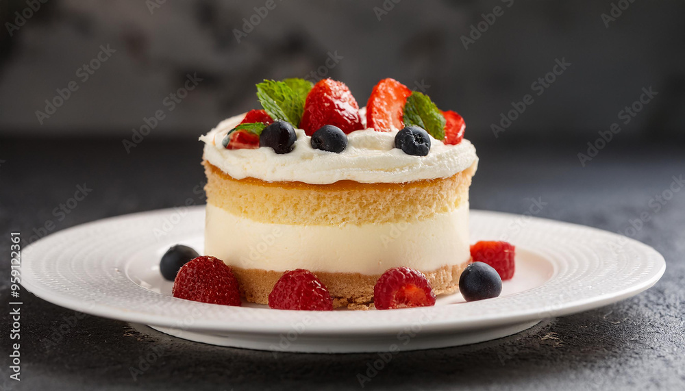 Tres leches cake, sponge cake with whipped cream and fresh fruit. Sweet food. Tasty dessert.