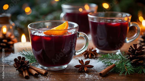 cozy winter beverages with festive decorations. mulled wine, hot chocolate and seasonal drinks