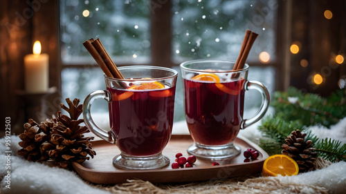 cozy winter beverages with festive decorations. mulled wine, hot chocolate and seasonal drinks