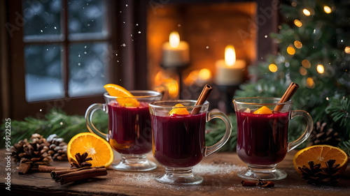 cozy winter beverages with festive decorations. mulled wine, hot chocolate and seasonal drinks