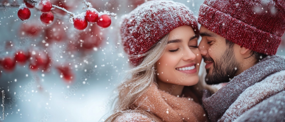 Couple in Winter, Embracing in the Snowfall Couple in Winter, Embracing in the Snowfall