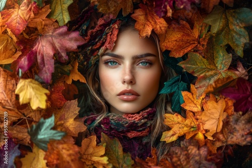 portrait of a stunning woman in autumn attire, standing amidst a kaleidoscope of colorful leaves.