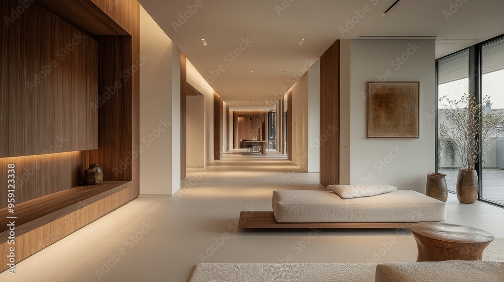 Fototapeta premium A serene interior space featuring minimalist design, warm wood tones, and natural light, perfect for relaxation and peace.