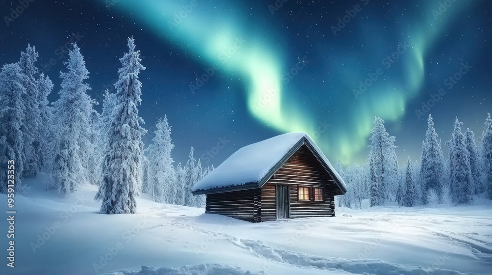 A cabin in the snow with a northern lights display above it, AI A cabin in the snow with a northern lights display above it, AI