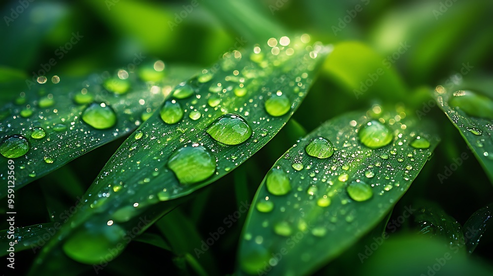 Close-up of dew drops on green grass blades. Close-up of dew drops on green grass blades.