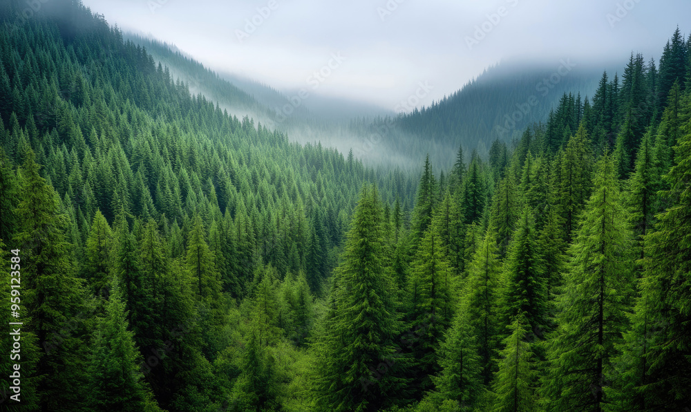 Foggy Green Pines: Lush Pine Trees in a Misty Forest Foggy Green Pines: Lush Pine Trees in a Misty Forest