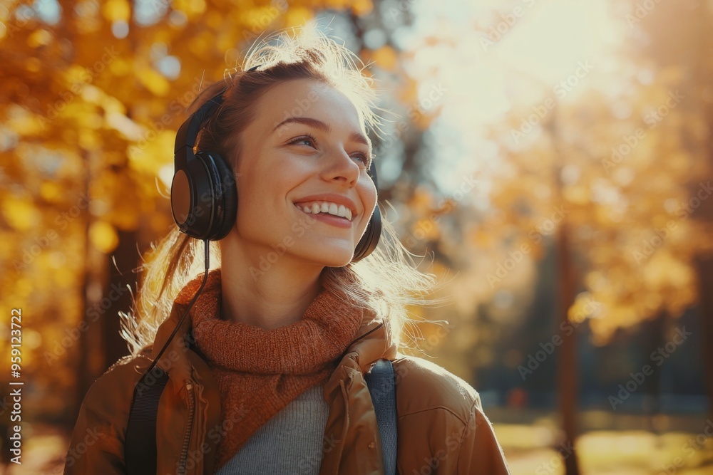 custom made wallpaper toronto digitalsmiling woman with headphones strolling through an autumn park, surrounded by vibrant fall foliage and warm sunlight