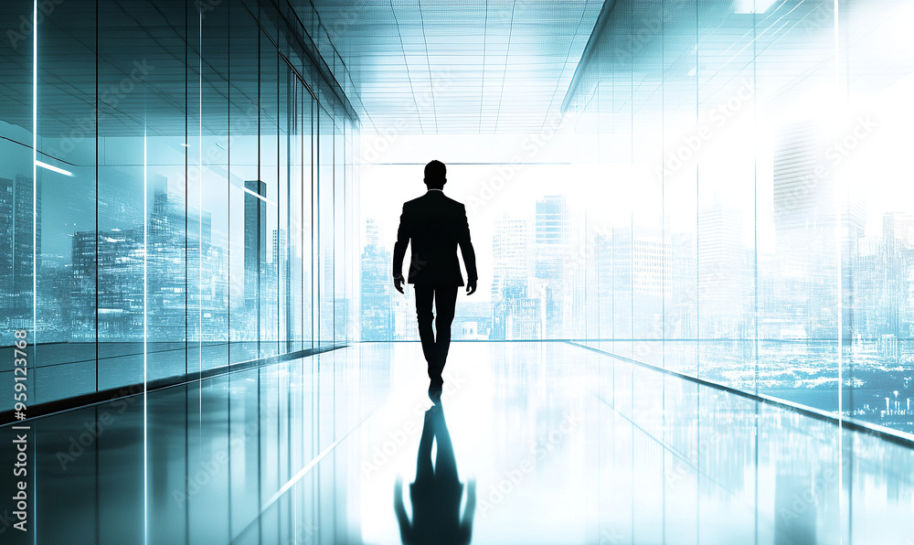 Businessman walking in a modern office building corridor, with a glass and steel interior design Businessman walking in a modern office building corridor, with a glass and steel interior design