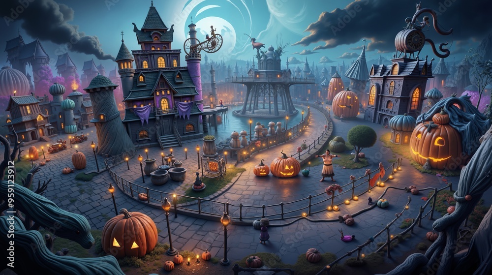 Obraz premium A halloween scene with pumpkins and a castle in the background