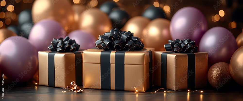 Three gold gift boxes with black ribbon bows surrounded by balloons and bokeh lights. Three gold gift boxes with black ribbon bows surrounded by balloons and bokeh lights.