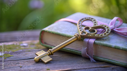 Vintage heart-shaped key resting on an antique book with a ribbon in a natural setting photo