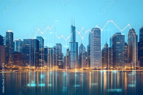 Urban Skyline at Night with Financial Growth Chart Overlay