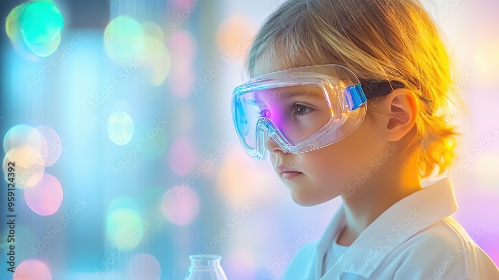 Child in safety goggles, conducting experiment, colorful lighting, futuristic lab Child in safety goggles, conducting experiment, colorful lighting, futuristic lab