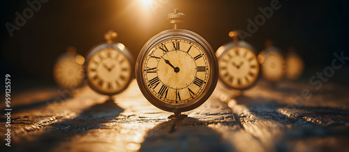 A group of old fashioned clocks are lined up in a row