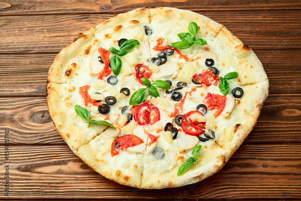 Pizza with mozzarella cheese , olives , chicken , pineapple , basil and tomatoes Pizza with mozzarella cheese , olives , chicken , pineapple , basil and tomatoes