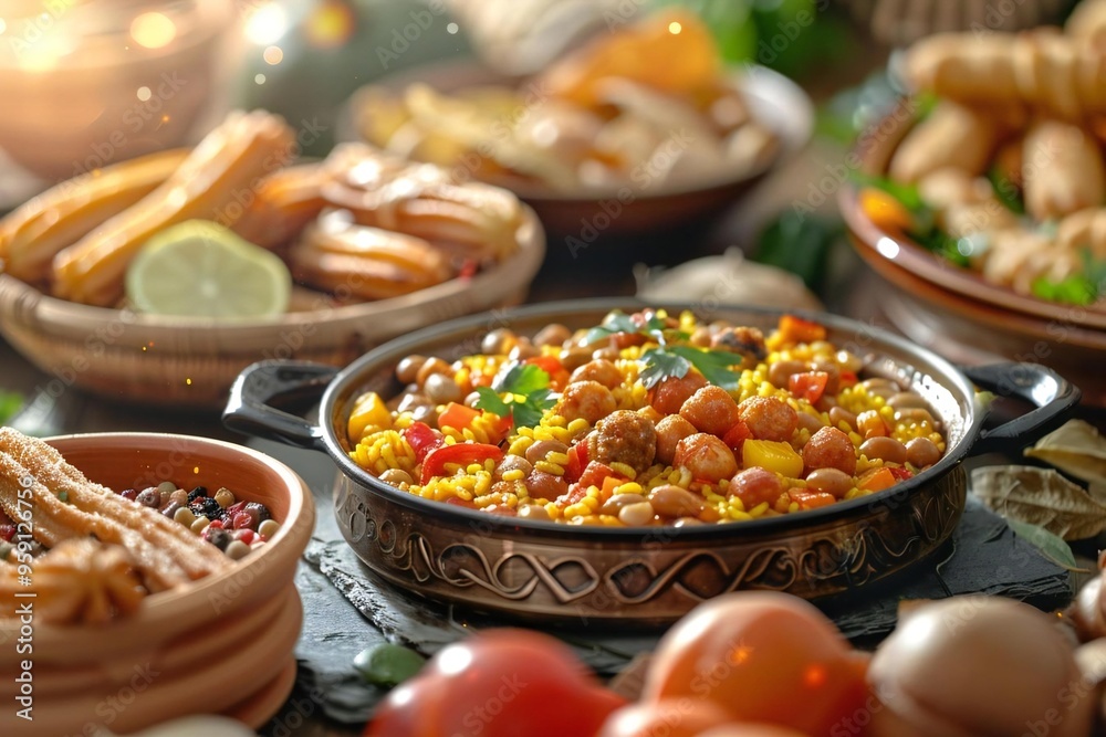 Day of the Spanish Language (UN). A photo of a table set with traditional Spanish foods like paella, tapas, and churros Day of the Spanish Language (UN). A photo of a table set with traditional Spanish foods like paella, tapas, and churros