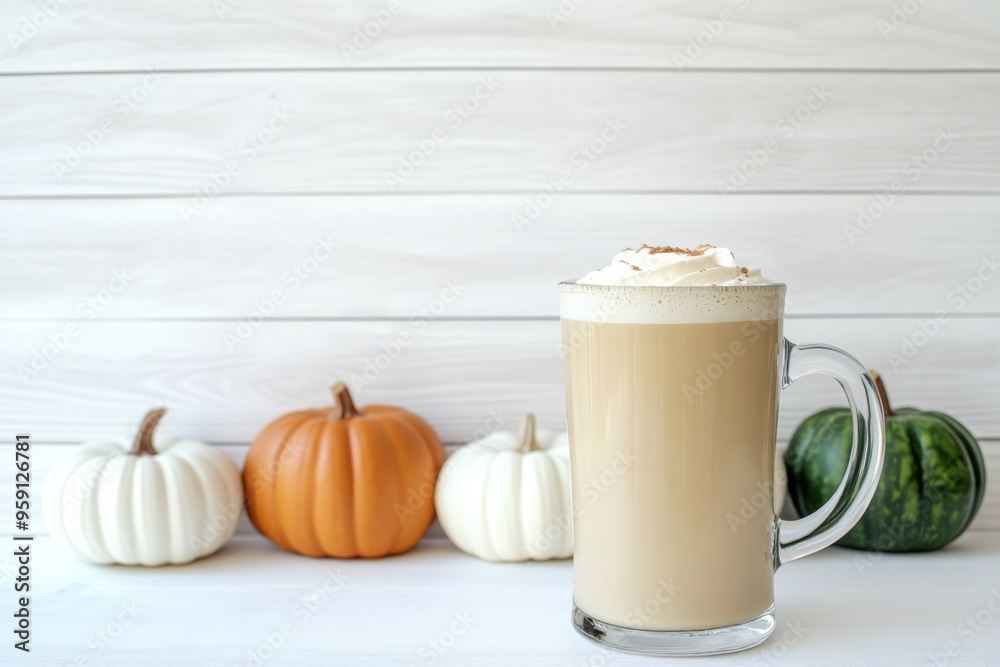 Pumpkin latte with whipped cream on white wood background with pumpkins. Pumpkin latte with whipped cream on white wood background with pumpkins.