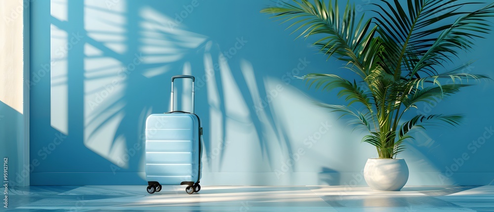 A blue wheeled suitcase set against a minimalist room backdrop with palm leaves. The right portion of the image is left clear for text, offering a clean and modern design for a web banner. A blue wheeled suitcase set against a minimalist room backdrop with palm leaves. The right portion of the image is left clear for text, offering a clean and modern design for a web banner.