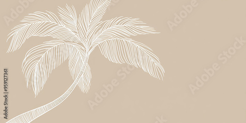 A simple white line drawing of a palm tree, with long, flowing fronds and a curved trunk. The minimalist lines evoke a sense of relaxation and tropical vibes. photo