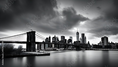 The black and white photos show the magnificent landscape of the Brooklyn Bridge. The bridge and the river complement each other, the sky is cloudy, and the city is full of historical style. photo