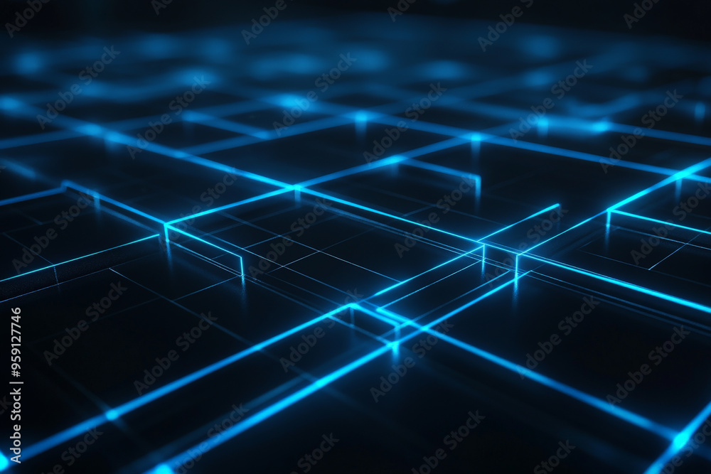 Obraz premium Sleek modern web design backdrop featuring a dark, matte background with glowing, neon blue lines forming an abstract grid. The design is futuristic and dynamic, ideal for tech-related content or