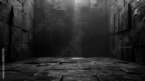 Mysterious black and white interior with stone walls, dim lighting, and subtle water dripping in an abandoned setting photo