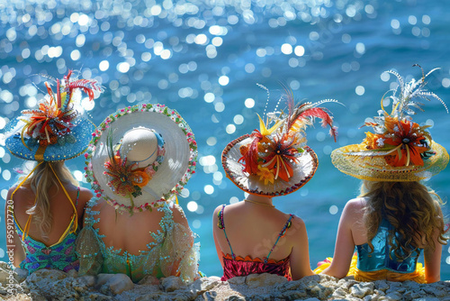 National Day (Monaco). A photo of a group of friends or family members wearing traditional Monaco attire (such as colorful costumes or accessories) while enjoying a beach day. photo