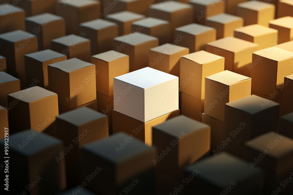 A central white box standing out amidst a sea of brown cardboard boxes. The scene is well-lit with soft shadows, highlighting the contrast between the white and the brown. A central white box standing out amidst a sea of brown cardboard boxes. The scene is well-lit with soft shadows, highlighting the contrast between the white and the brown.