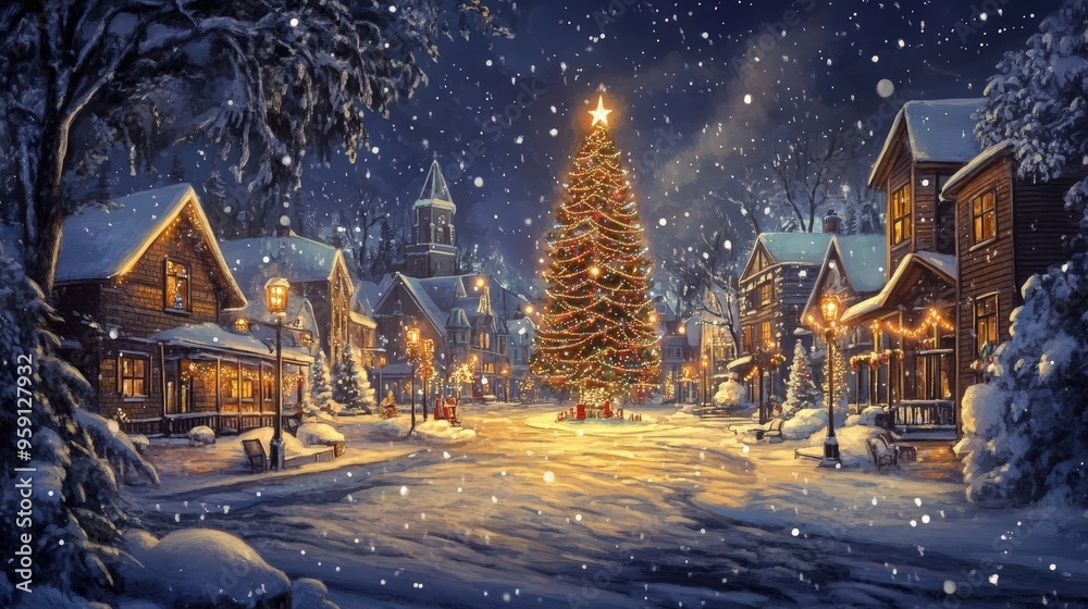 Winter Night in Small Town Square with a Lit Christmas Tree and Falling Snow Winter Night in Small Town Square with a Lit Christmas Tree and Falling Snow