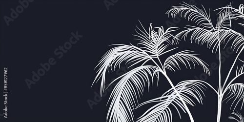 A simple white line drawing on a black background of a palm tree with flowing fronds. The contrast highlights the tropical vibes of the scene. photo