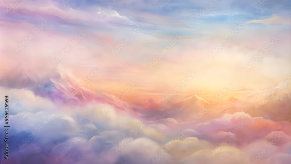 Obraz premium Serene sunrise over pastel clouds and mountains, soft tones