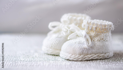 Wallpaper Mural Pair of baby's boots, newborn shoes on white background. Close-up. Torontodigital.ca