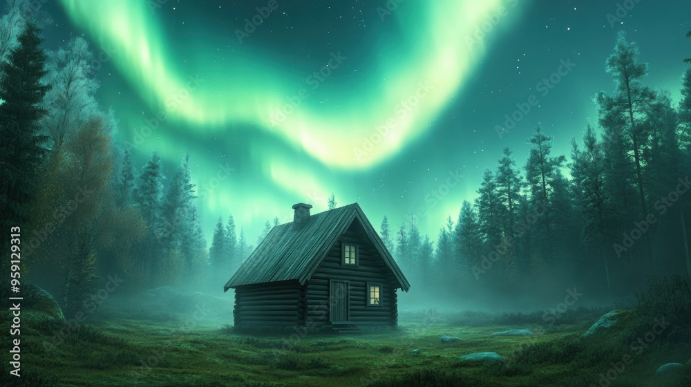 A cabin in the woods with a green light above it, AI A cabin in the woods with a green light above it, AI