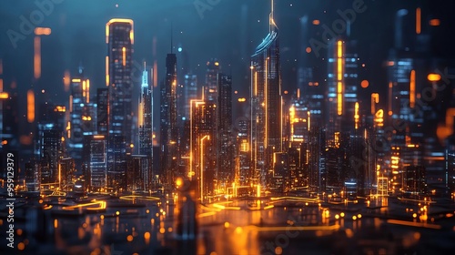 Futuristic city skyline illuminated by vibrant lights, showcasing modern architecture and a dynamic atmosphere.