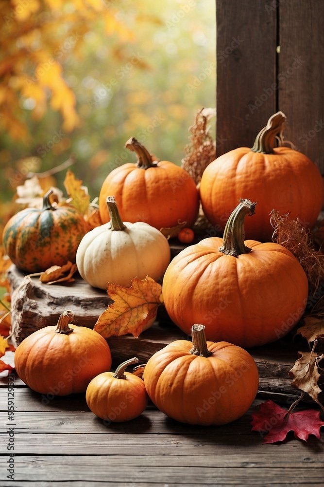 Festive Arrangement of Several Pumpkins Beautifully Displayed on a Wooden Table Festive Arrangement of Several Pumpkins Beautifully Displayed on a Wooden Table