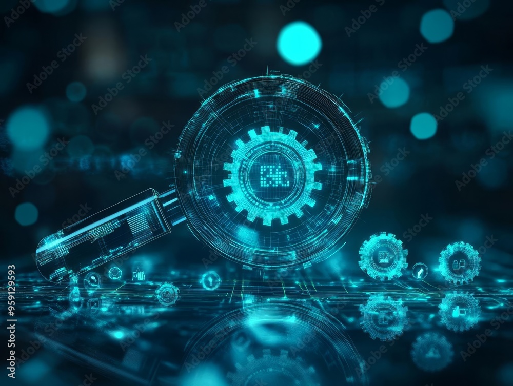 Obraz premium Futuristic gears and magnifying glass with glowing digital elements, symbolizing technology and innovation in a modern setting.