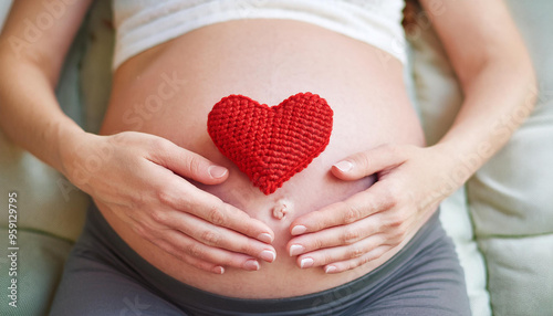 Wallpaper Mural Woman's pregnant belly with red crocheted heart. Maternity, and pregnancy concept. Love, new life Torontodigital.ca