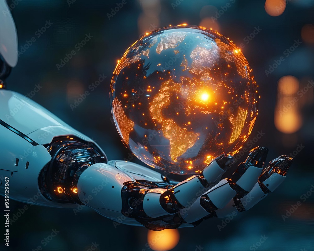 Futuristic robot holding a glowing globe, representing technology and environmental connection in a digital world. Futuristic robot holding a glowing globe, representing technology and environmental connection in a digital world.