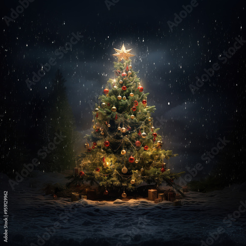 square illustration of a beautiful christmas tree glowing in the night while snowing