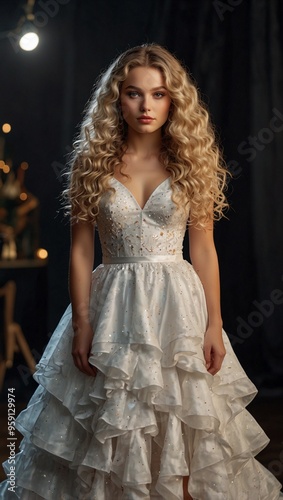 Obraz na płótnie Portrait of a Bride in a White Dress with Long Curly White Hair Posing in Full-Body Against the Backdrop of an Elegant Celebration w salonie